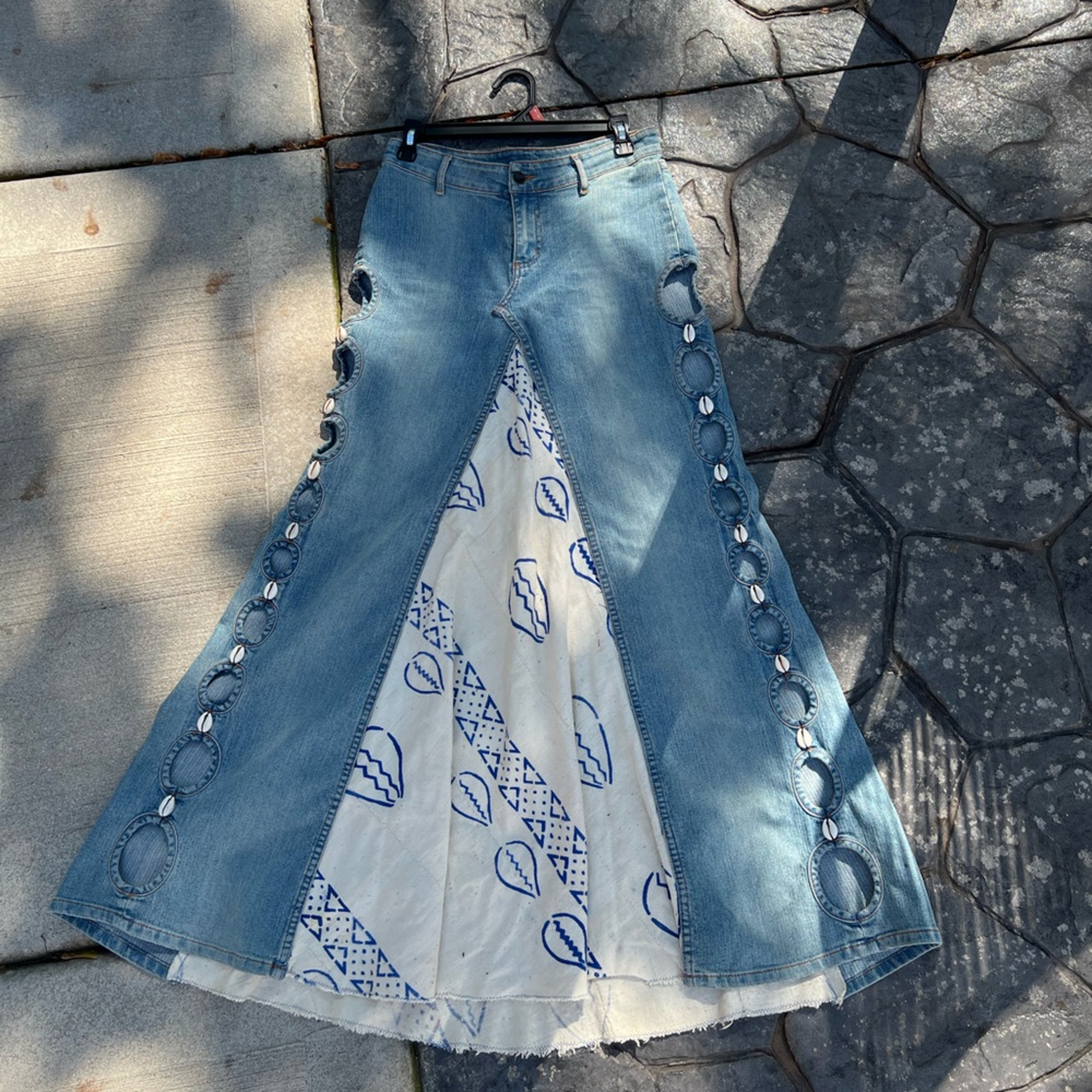 Custom African fabric/denim jean skirt with cutouts size 5/6
